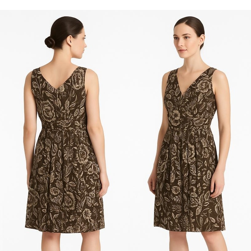 Spiegel Boho Floral Silk Dress Women 12 Brown Batik V-Neck Sleeveless‎ Fairy